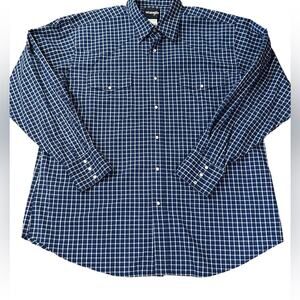 Wrangler Mens XXL Blue & White Plaid Pearl Snap Western Shirt Long Sleeve